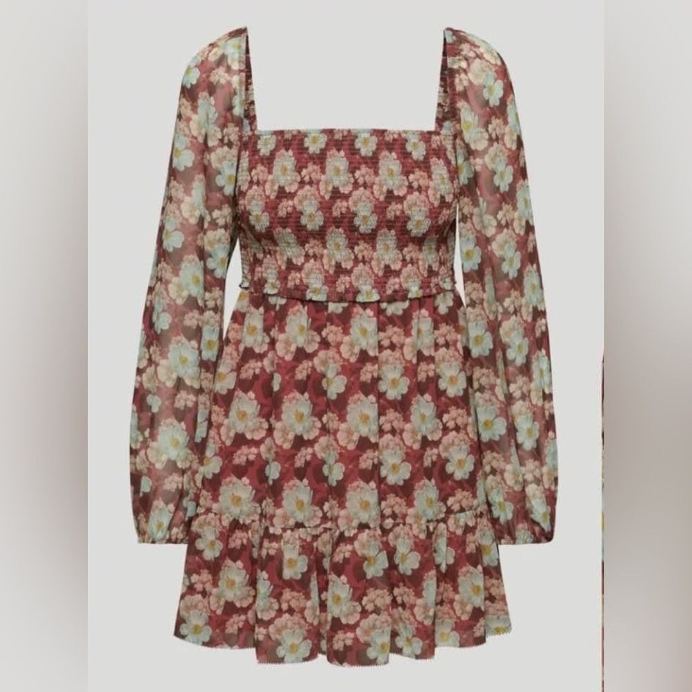 Wilfred Aritzia Tempest Rust Brown Floral Smocked Boho Prairie Mini Dress L